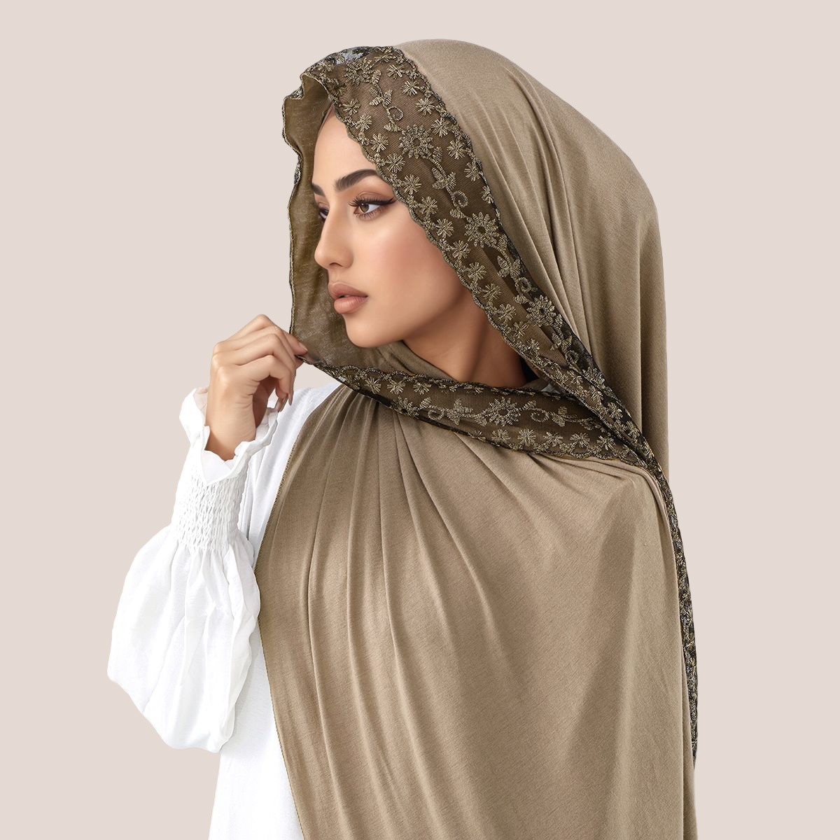 Embroidery Cotton - Lace Embroidery Cotton Jersey Muslim Hijab