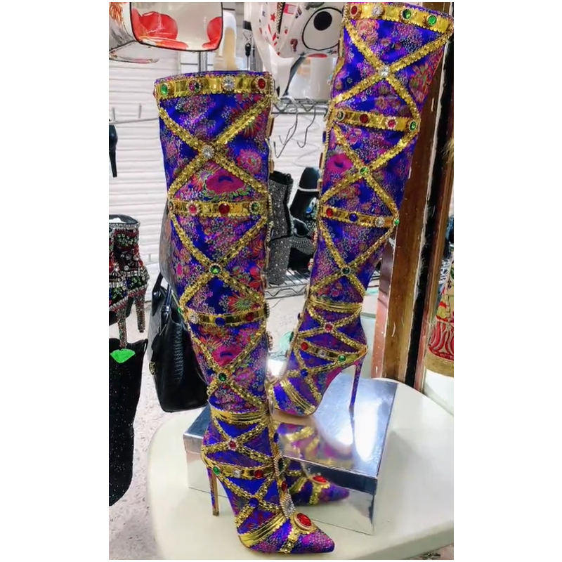 Embroidery Wedding - Multicolor Gemstone Gold Trim Stitched Stiletto